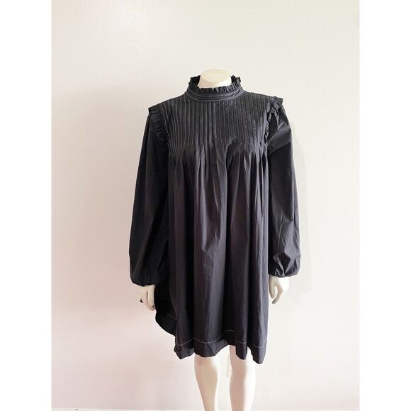 Ganni Women's Black Pintucked Cotton-Poplin Contrast Stitch Dress Size 36 Small - Picture 5 of 16